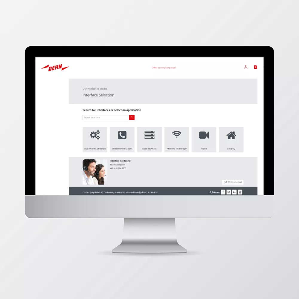 Écran avec l’interface DEHNselect IT, composé de différents champs et textes.