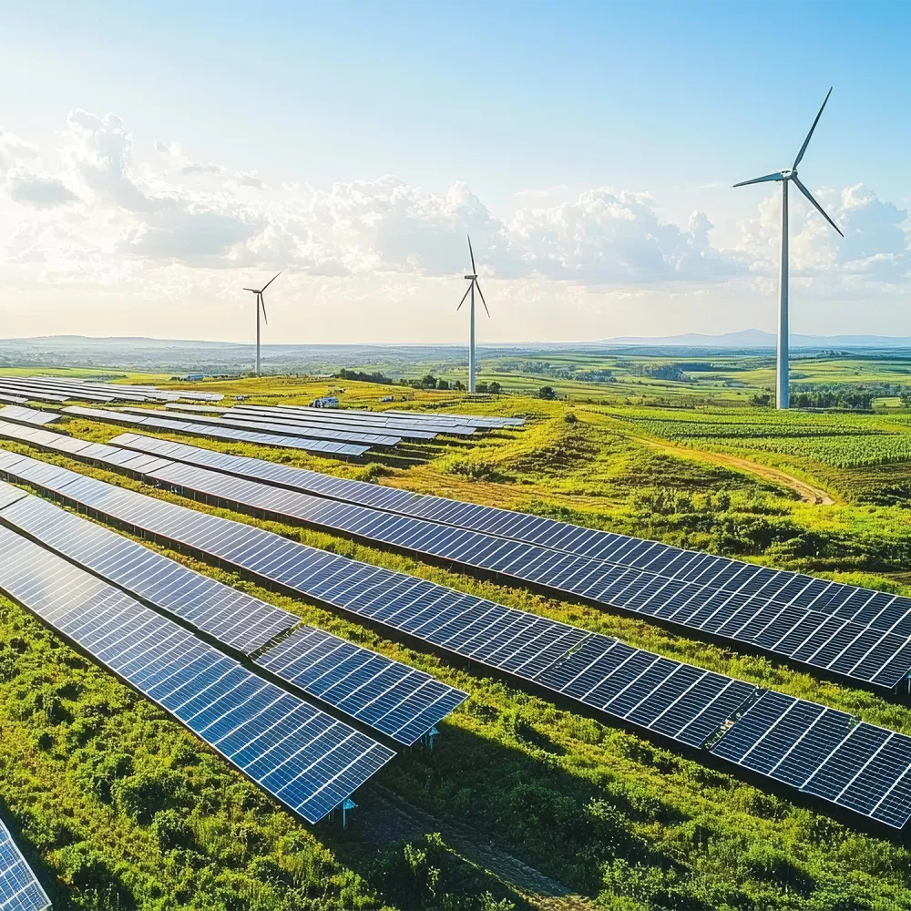 L'image montre une grande installation PV au sol sur une prairie verte. Des éoliennes sont visibles en arrière-plan.