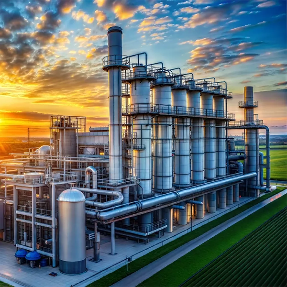 Site industriel avec des tuyaux et des tours, sur fond de coucher de soleil.