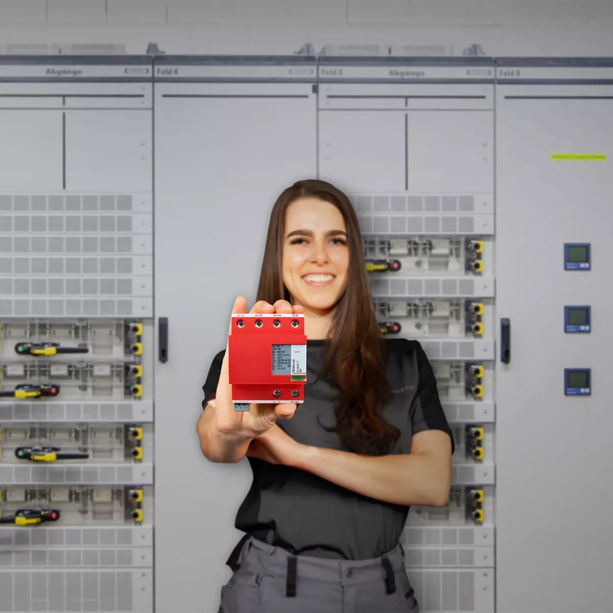 Une femme avec un parafoudre combiné rouge à la main se tient devant un tableau de distribution basse tension.