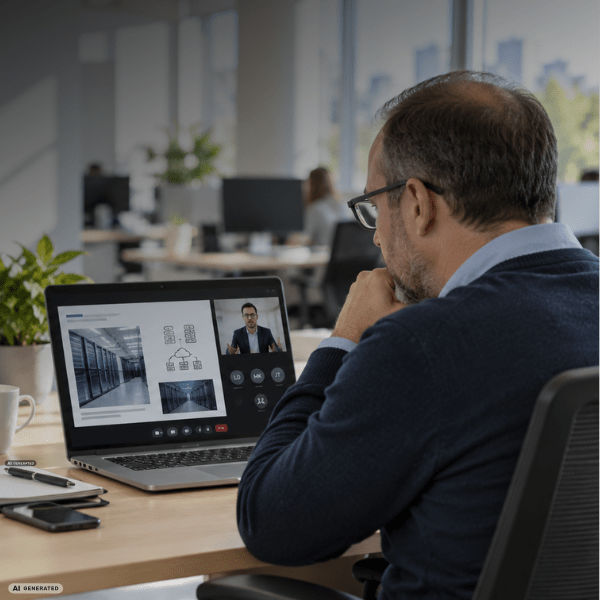 Homme en train de consulter son ordinateur avec un webinaire sur la protection contre la foudre et les surtensions des datacenters
